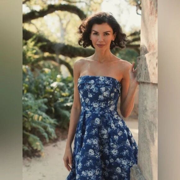 Mac Duggal 68617 Womens Size 10 Blue White Floral‎ Brocade Strapless Midi Dress - Picture 2 of 8